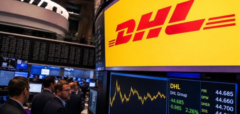 Logo DHL su sfondo di Borsa con trader e grafici finanziari