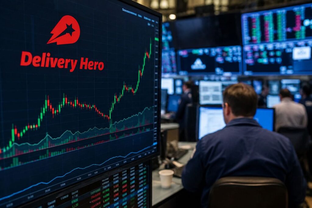 Monitor con il logo Delivery Hero e grafici di Borsa in una trading room finanziaria
