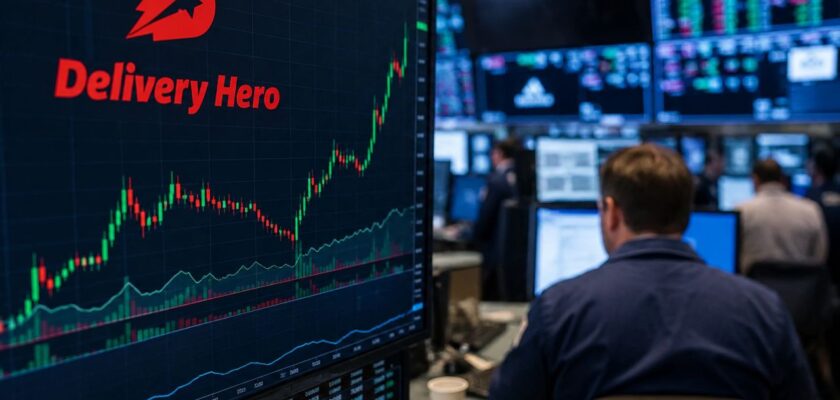 Monitor con il logo Delivery Hero e grafici di Borsa in una trading room finanziaria