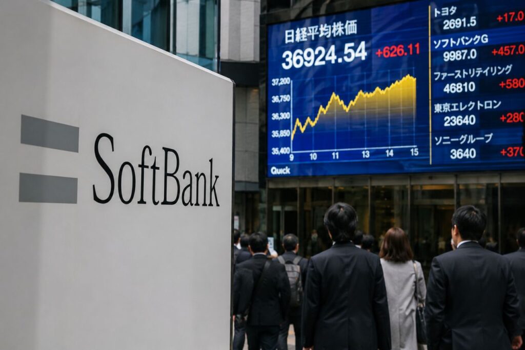 In primo piano il logo di SoftBank nel distretto finanziario di Tokyo, mentre sullo sfondo scorrono i rialzi di Borsa