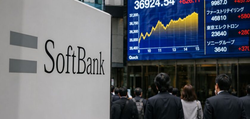In primo piano il logo di SoftBank nel distretto finanziario di Tokyo, mentre sullo sfondo scorrono i rialzi di Borsa