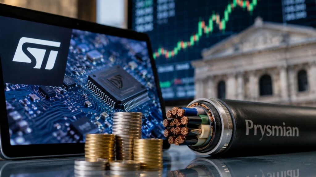 Microchip STM su schermo finanziario, cavo industriale Prysmian, monete e grafico di Borsa sullo sfondo di Piazza Affari