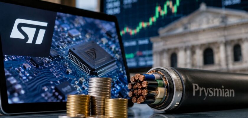 Microchip STM su schermo finanziario, cavo industriale Prysmian, monete e grafico di Borsa sullo sfondo di Piazza Affari