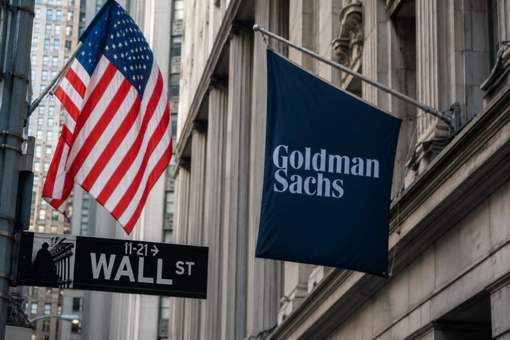Bandiera americana e insegna di Wall Street tra edifici finanziari, con banner Goldman Sachs in primo piano