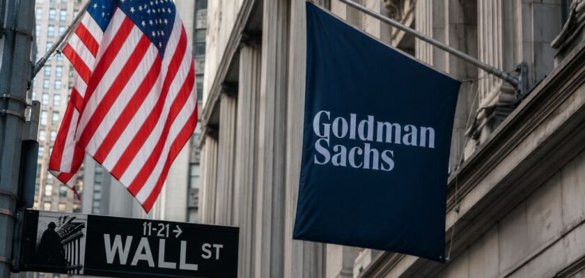 Bandiera americana e insegna di Wall Street tra edifici finanziari, con banner Goldman Sachs in primo piano