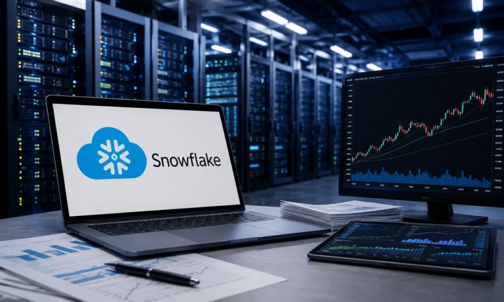 Laptop con logo Snowflake davanti a un data center moderno, con grafici finanziari e documenti di analisi su una scrivania tecnologica