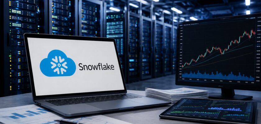 Laptop con logo Snowflake davanti a un data center moderno, con grafici finanziari e documenti di analisi su una scrivania tecnologica
