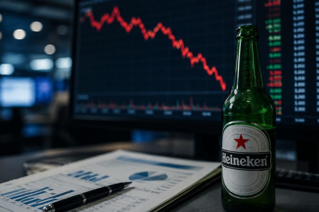 Bottiglia Heineken su una scrivania con report finanziari e grafico di Borsa in calo sullo sfondo