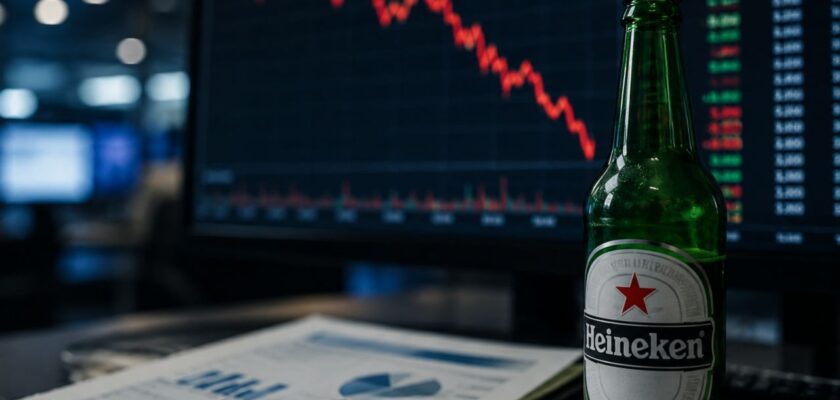 Bottiglia Heineken su una scrivania con report finanziari e grafico di Borsa in calo sullo sfondo