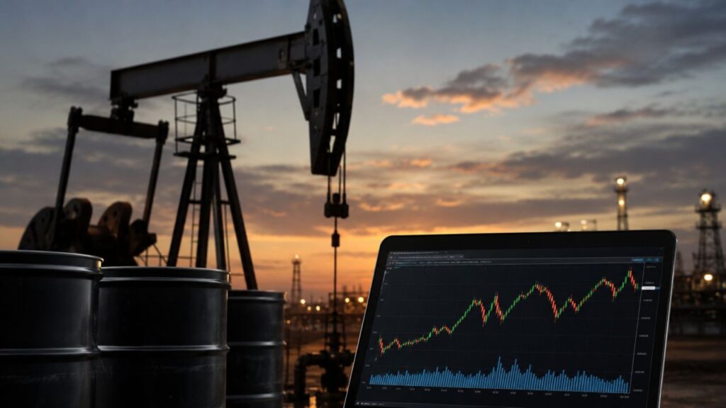 Impianto petrolifero al tramonto con barili di greggio e schermo che mostra l'andamento dei prezzi sui mercati finanziari