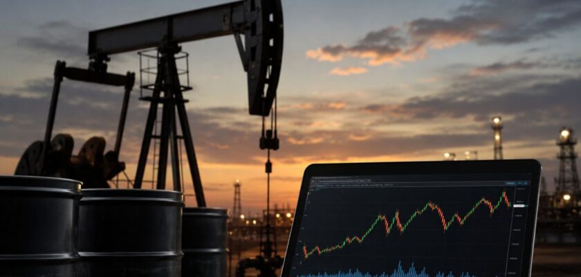 Impianto petrolifero al tramonto con barili di greggio e schermo che mostra l'andamento dei prezzi sui mercati finanziari