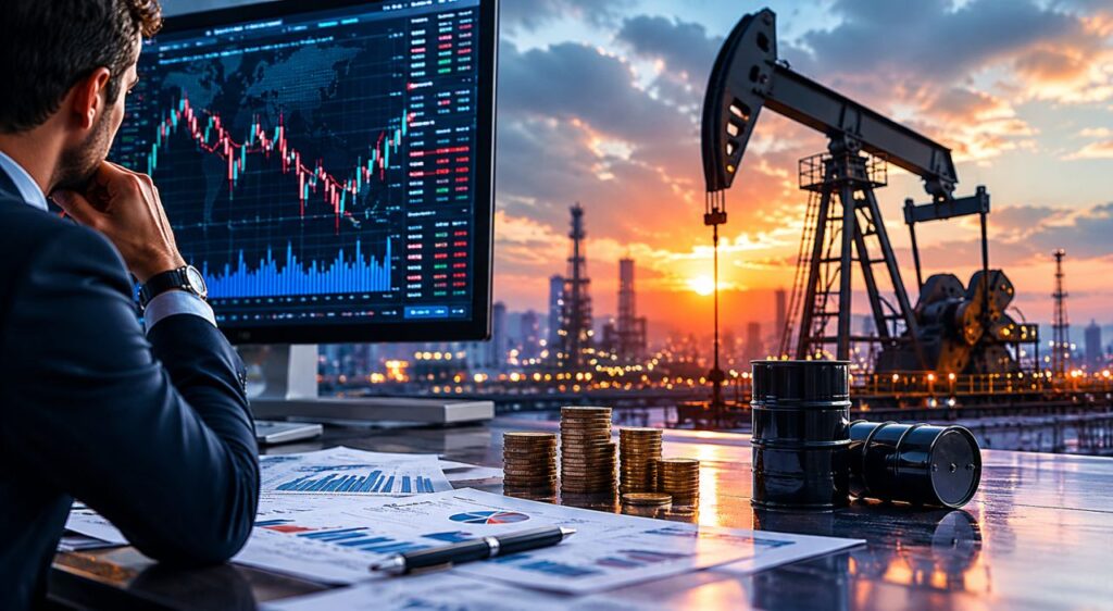 Analista finanziario davanti a monitor di Borsa con grafici di mercato, mentre sullo sfondo si vede un impianto petrolifero al tramonto