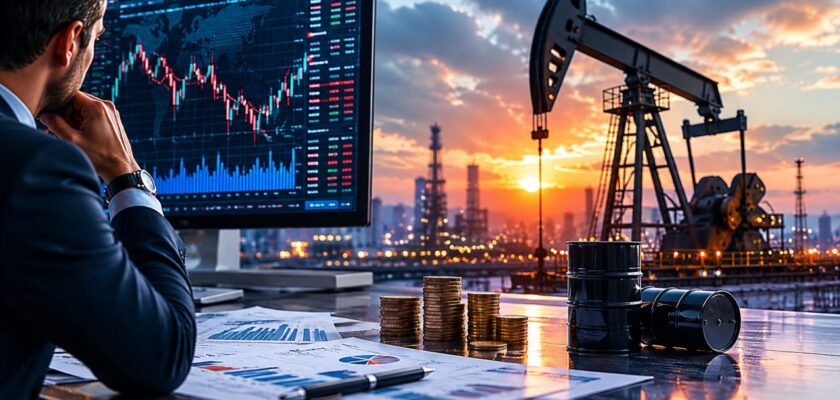 Analista finanziario davanti a monitor di Borsa con grafici di mercato, mentre sullo sfondo si vede un impianto petrolifero al tramonto