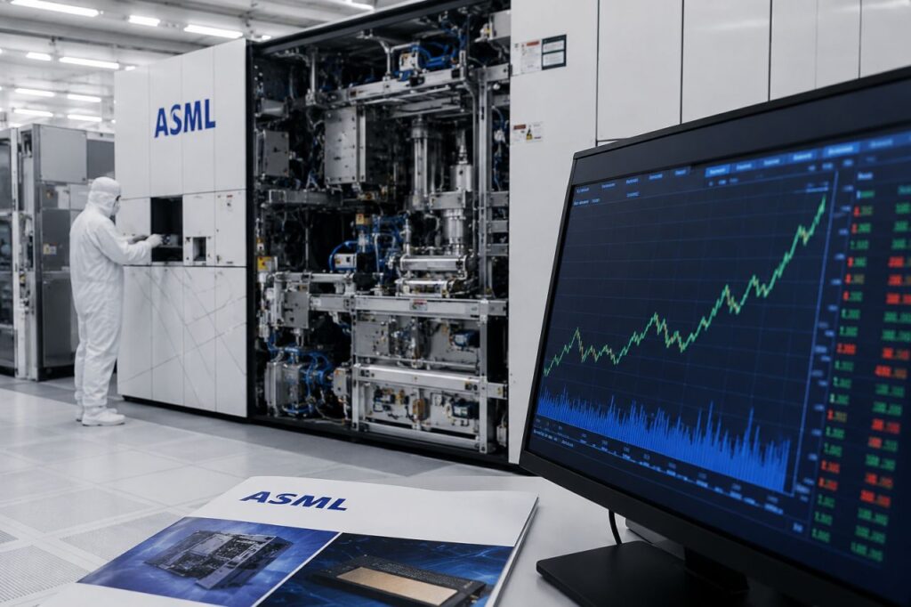 Tecnico in una camera bianca accanto a un macchinario ASML per semiconduttori, con monitor che mostra un grafico finanziario in crescita in primo piano
