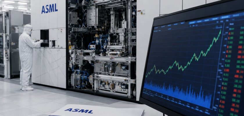 Tecnico in una camera bianca accanto a un macchinario ASML per semiconduttori, con monitor che mostra un grafico finanziario in crescita in primo piano