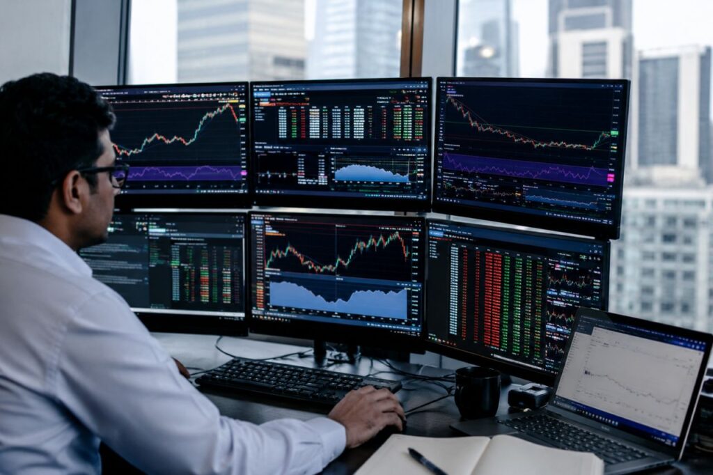 Trader davanti a pi&ugrave; monitor con grafici finanziari e dati di mercato in un moderno ufficio con vista sulla citt&agrave;