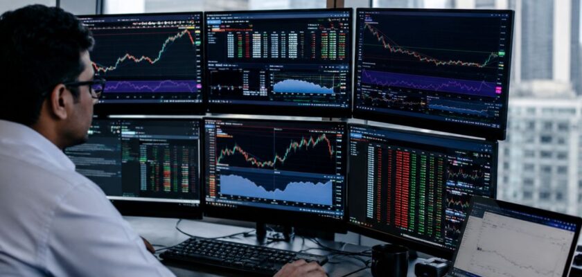 Trader davanti a più monitor con grafici finanziari e dati di mercato in un moderno ufficio con vista sulla città
