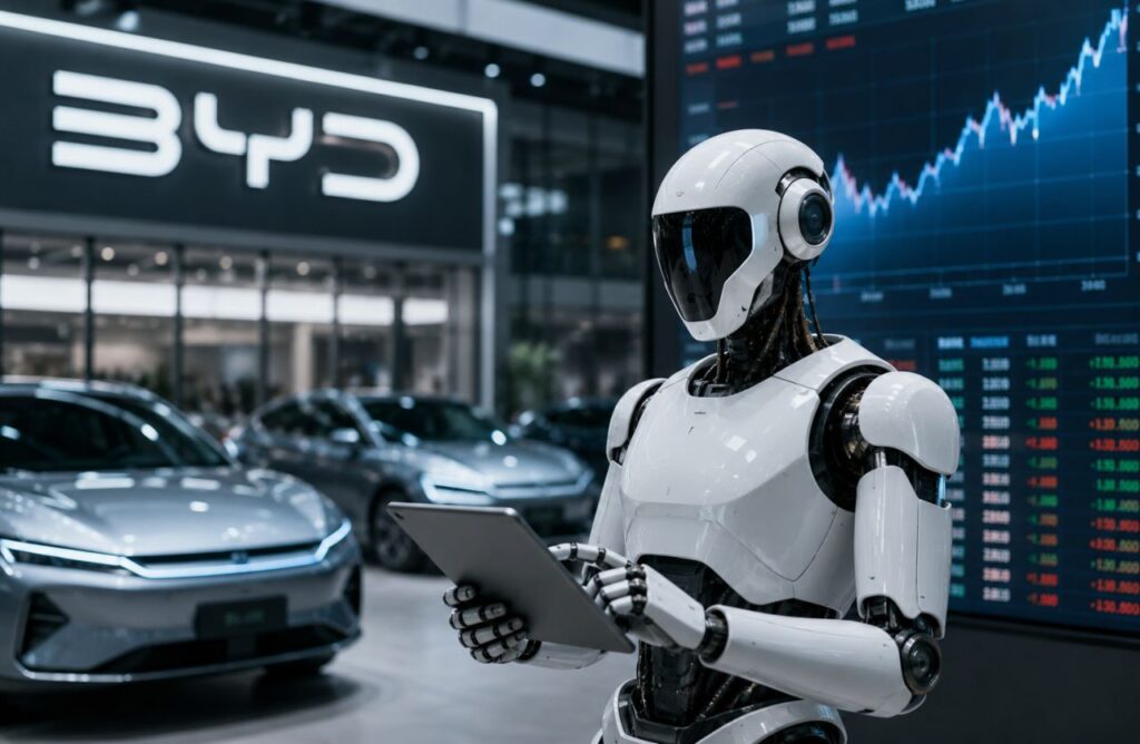 Robot umanoide dall'aspetto realistico all'interno di una moderna concessionaria automobilistica, con auto elettriche sullo sfondo e grafici finanziari visualizzati su monitor digitali