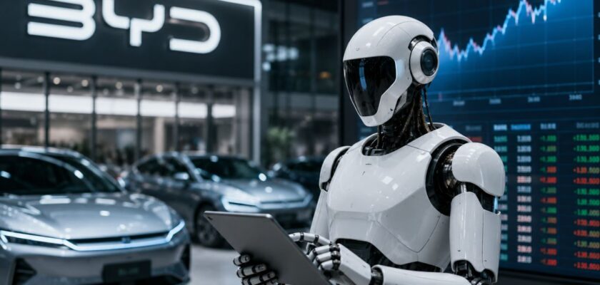 Robot umanoide dall'aspetto realistico all'interno di una moderna concessionaria automobilistica, con auto elettriche sullo sfondo e grafici finanziari visualizzati su monitor digitali