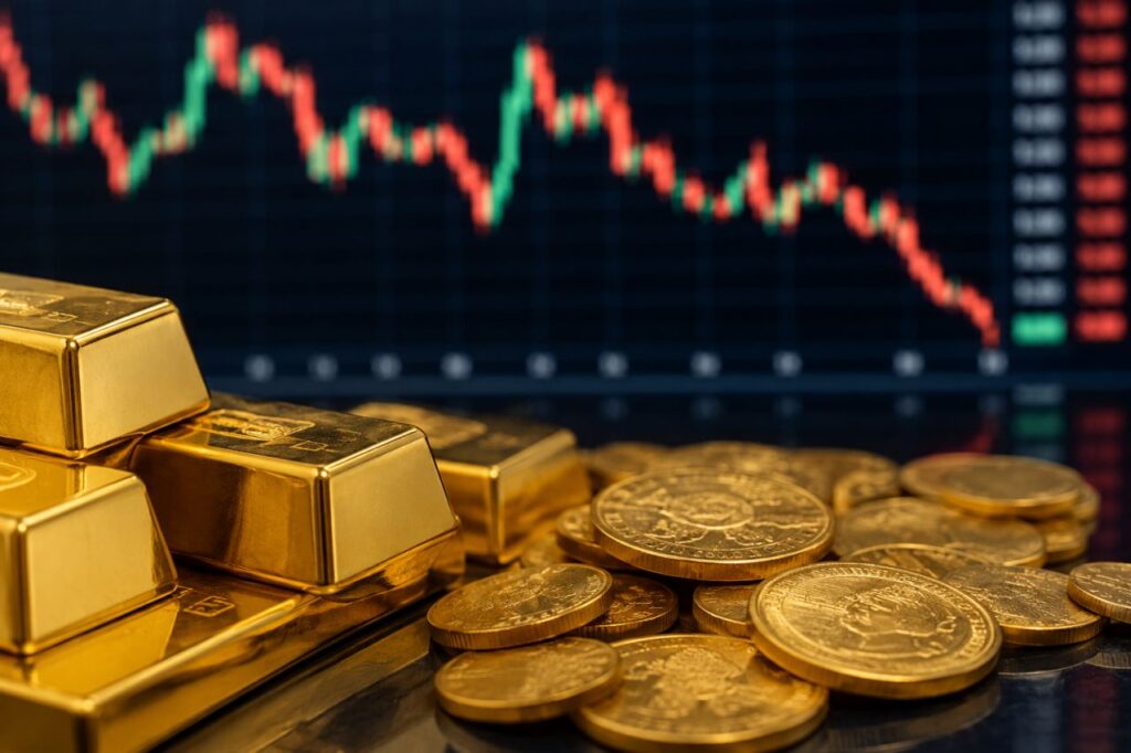 Lingotti e monete d&rsquo;oro in primo piano davanti a uno schermo finanziario con grafico di mercato in calo