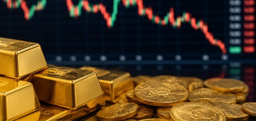 Lingotti e monete d’oro in primo piano davanti a uno schermo finanziario con grafico di mercato in calo