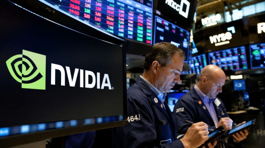 Operatori finanziari al lavoro sul floor di una borsa valori, con monitor che mostrano il logo Nvidia e dati di mercato in tempo reale sullo sfondo