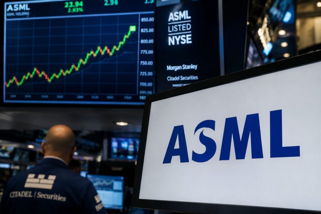 Monitor con il logo ASML in primo piano all'interno di una sala trading, con grafici di borsa in rialzo e operatori finanziari sullo sfondo