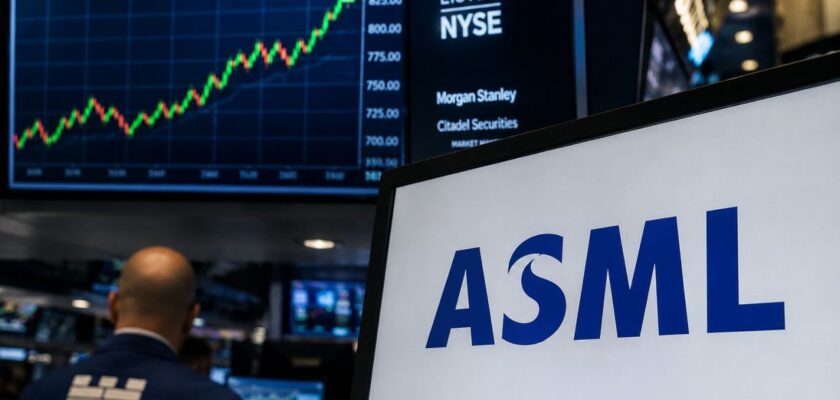 Monitor con il logo ASML in primo piano all'interno di una sala trading, con grafici di borsa in rialzo e operatori finanziari sullo sfondo