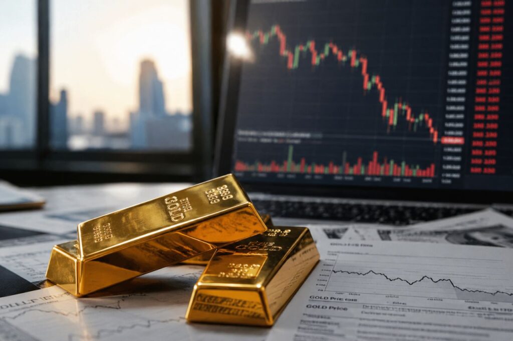 Lingotti d’oro su documenti finanziari, con grafici di mercato in calo visualizzati su uno schermo sullo sfondo