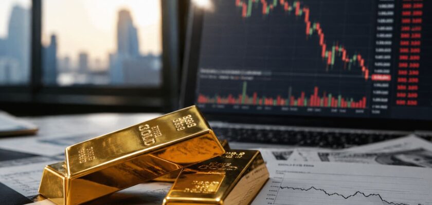 Lingotti d’oro su documenti finanziari, con grafici di mercato in calo visualizzati su uno schermo sullo sfondo
