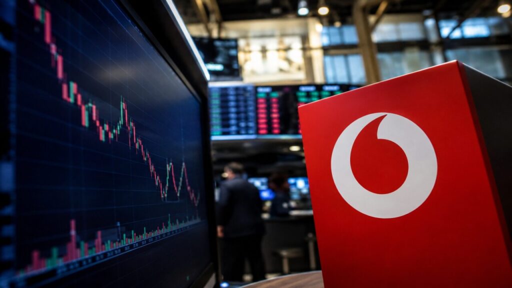 Logo Vodafone in primo piano accanto a un monitor con grafico azionario in calo, sullo sfondo una sala operativa finanziaria sfocata