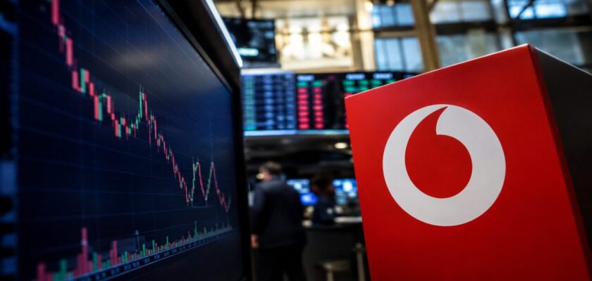 Logo Vodafone in primo piano accanto a un monitor con grafico azionario in calo, sullo sfondo una sala operativa finanziaria sfocata