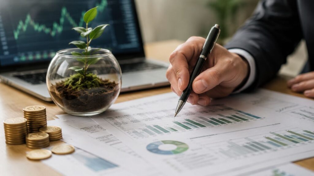 Manager finanziario analizza report e grafici ESG su una scrivania, con monete, una giovane pianta e un laptop sullo sfondo che mostra dati di mercato