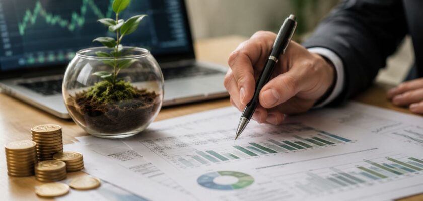 Manager finanziario analizza report e grafici ESG su una scrivania, con monete, una giovane pianta e un laptop sullo sfondo che mostra dati di mercato