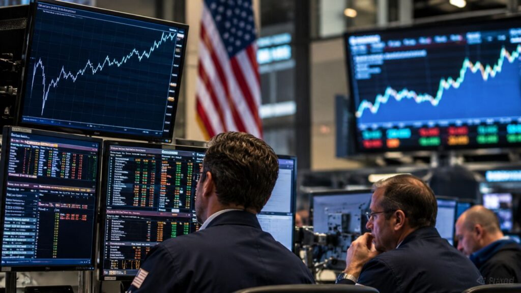 Sala operativa finanziaria con trader davanti a numerosi monitor che mostrano grafici di Borsa e dati di mercato