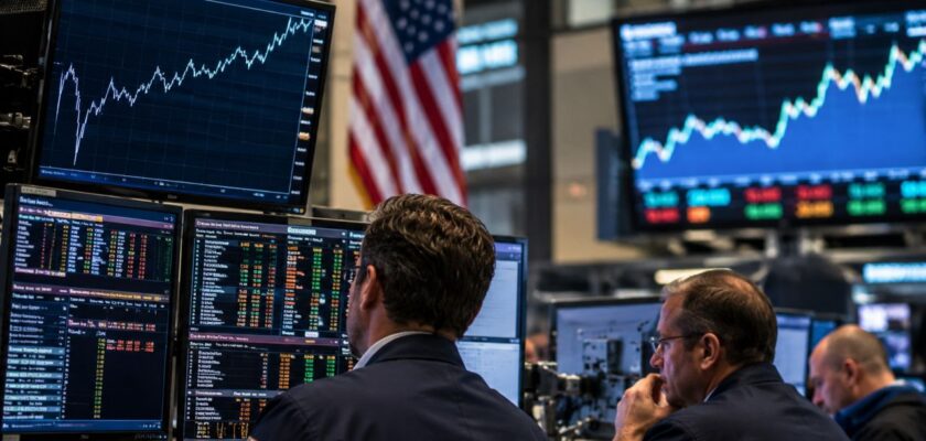Sala operativa finanziaria con trader davanti a numerosi monitor che mostrano grafici di Borsa e dati di mercato