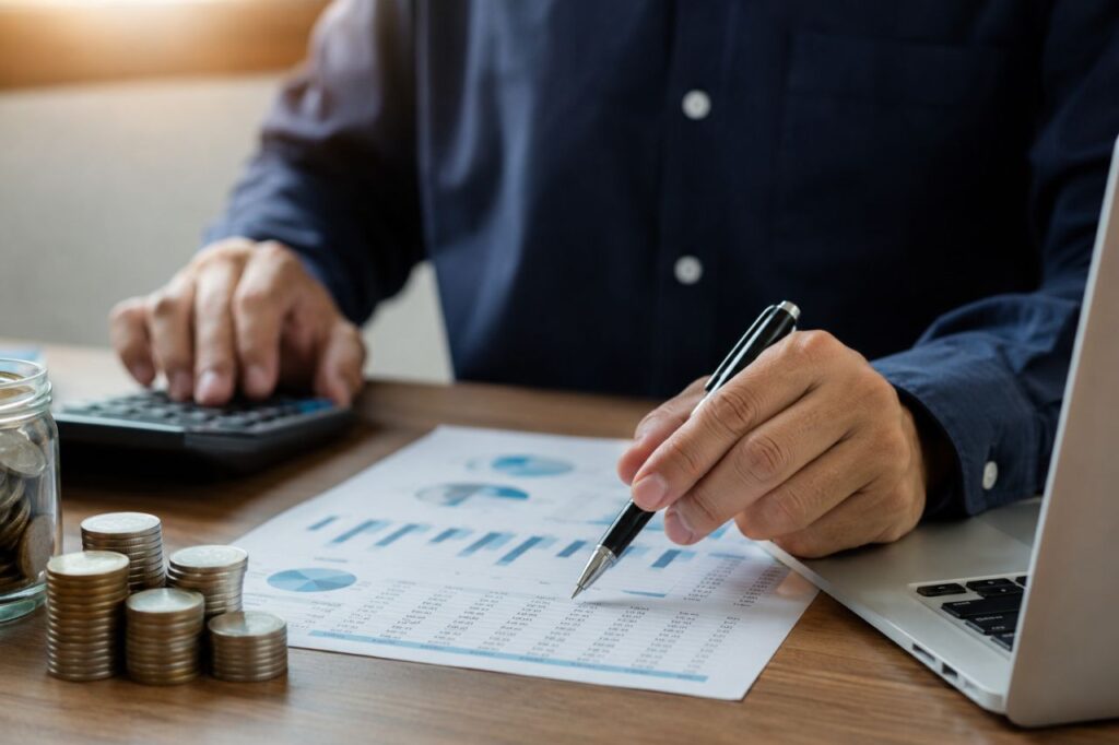Persona seduta a un tavolo mentre pianifica il proprio futuro finanziario, con documenti, grafici e strumenti legati a risparmio, investimenti e previdenza integrativa