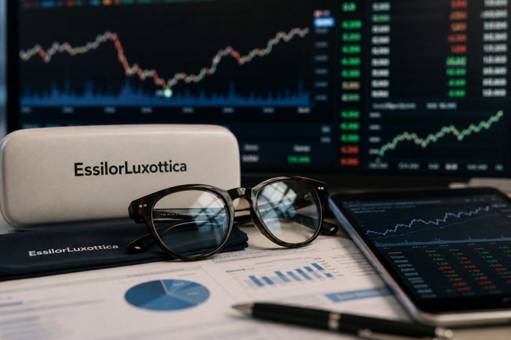 Occhiali e custodia su una scrivania con documenti finanziari, tablet con grafici di mercato e monitor di Borsa sullo sfondo