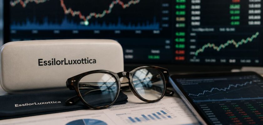Occhiali e custodia su una scrivania con documenti finanziari, tablet con grafici di mercato e monitor di Borsa sullo sfondo