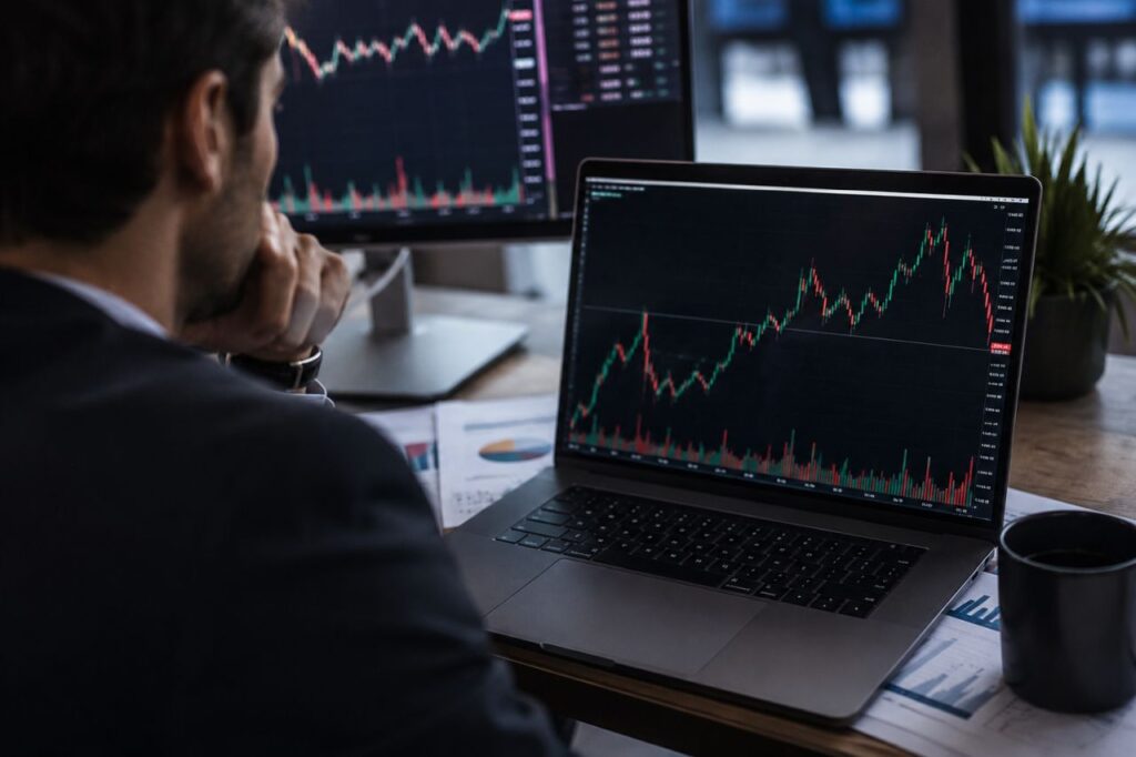 Trader seduto alla scrivania osserva grafici finanziari su laptop e monitor, in un ambiente professionale dedicato all'analisi dei mercati