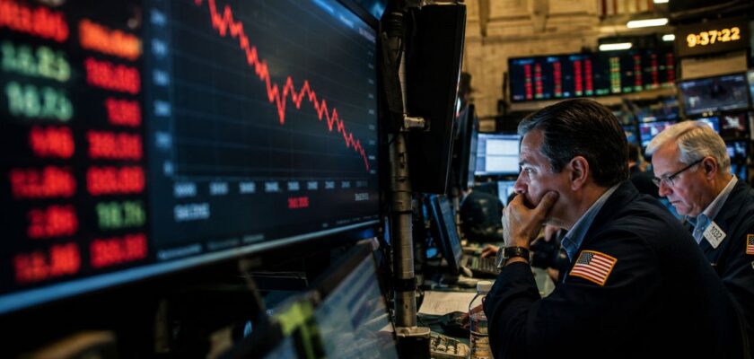 Trader osservano schermi finanziari con grafici in forte ribasso all'interno di una sala operativa di Borsa.