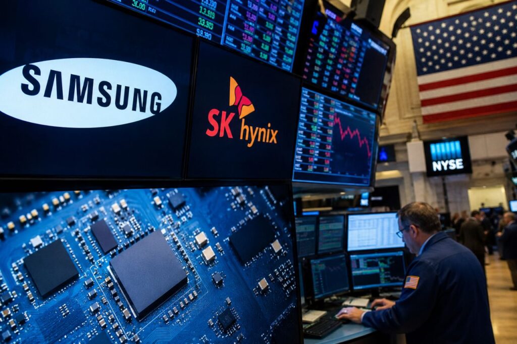 Monitor di una sala di contrattazione finanziaria mostrano loghi Samsung e SK Hynix, grafici di Borsa e un chip elettronico, con un trader al lavoro sullo sfondo