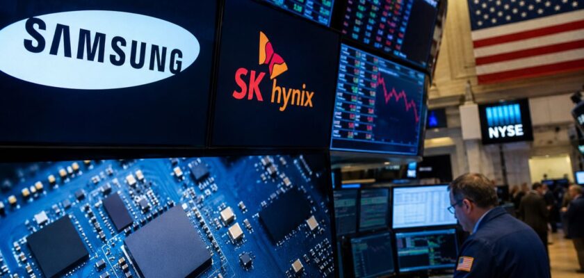 Monitor di una sala di contrattazione finanziaria mostrano loghi Samsung e SK Hynix, grafici di Borsa e un chip elettronico, con un trader al lavoro sullo sfondo