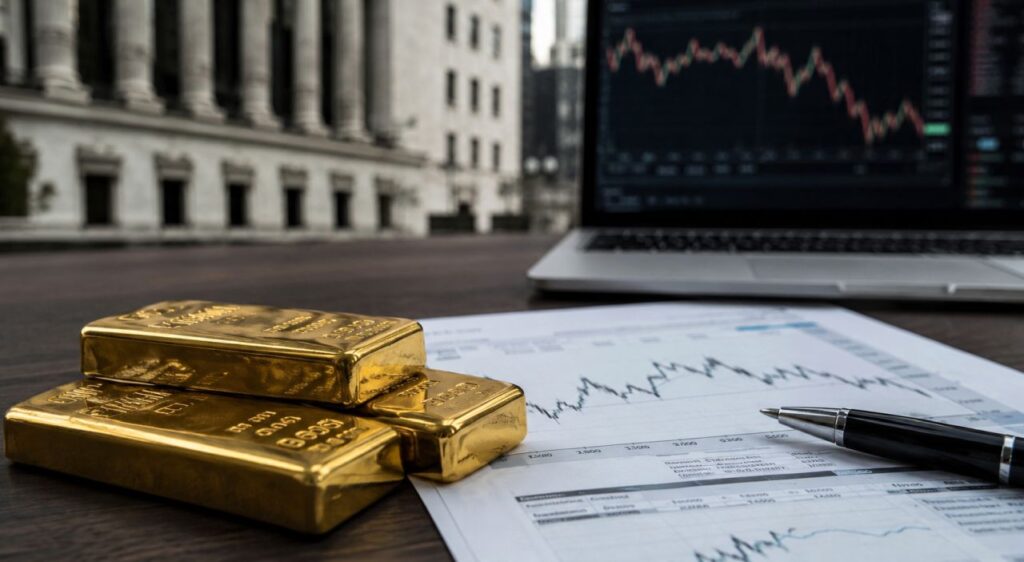 Primi piani di lingotti d'oro su documenti finanziari, con laptop che mostra un grafico di mercato sullo sfondo sfocato