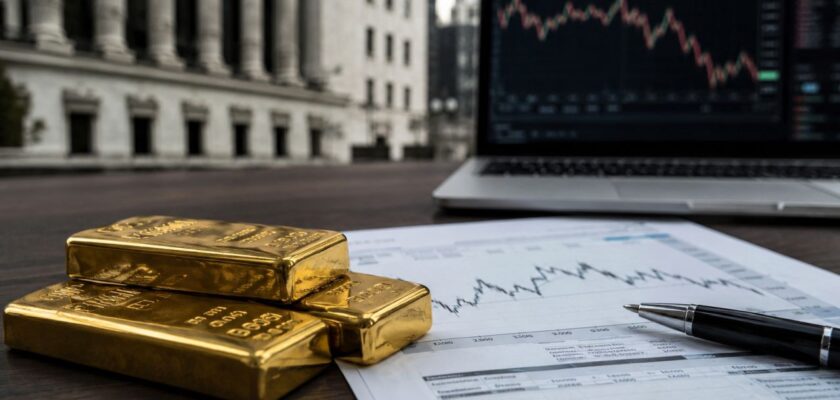Primi piani di lingotti d'oro su documenti finanziari, con laptop che mostra un grafico di mercato sullo sfondo sfocato