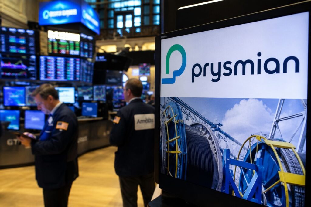 Schermo con il logo Prysmian e grandi bobine di cavi industriali in primo piano, sullo sfondo una sala operativa di borsa con trader e monitor finanziari