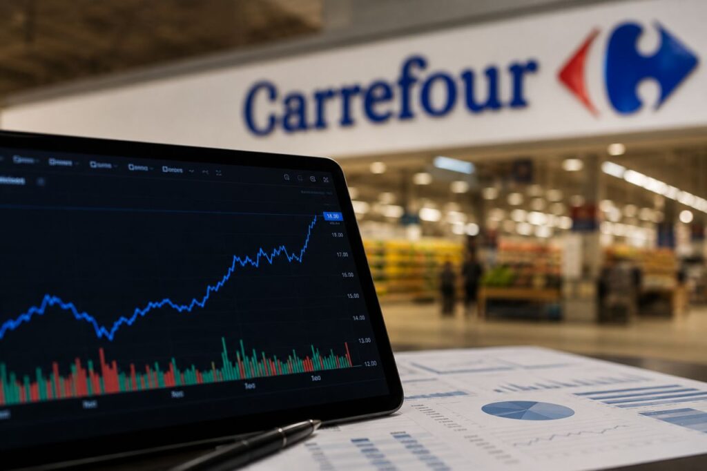 Tablet con grafico azionario in primo piano davanti all'ingresso di un supermercato Carrefour, con documenti finanziari sul tavolo