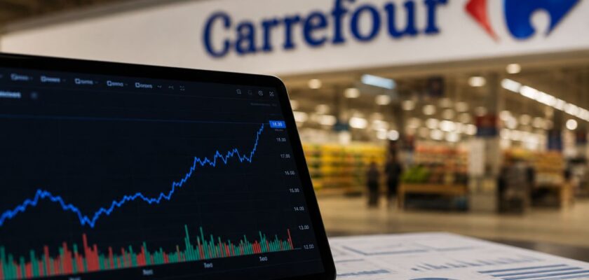 Tablet con grafico azionario in primo piano davanti all'ingresso di un supermercato Carrefour, con documenti finanziari sul tavolo
