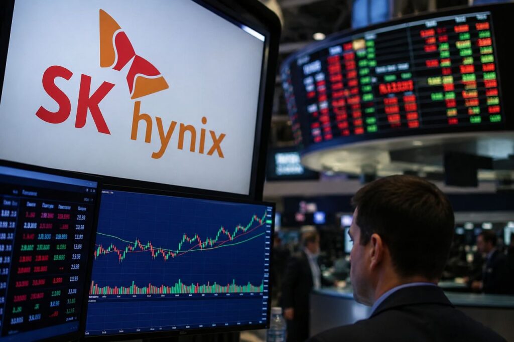 Schermi di Borsa con grafici finanziari, logo SK Hynix in primo piano e un analista che osserva l'andamento dei mercati in una moderna sala di trading