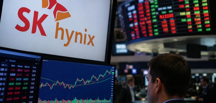 Schermi di Borsa con grafici finanziari, logo SK Hynix in primo piano e un analista che osserva l'andamento dei mercati in una moderna sala di trading